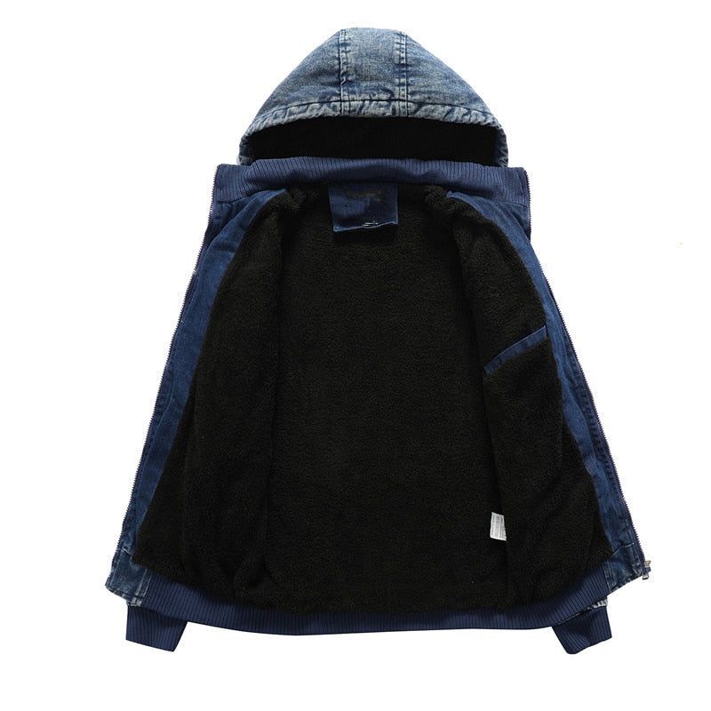 Denim Jack Voor Heren Trendy Jean Hoodies Casual Herenfleece Warm Windjack Cowboyjassen Herenkleding - Spijkerbroekblauw