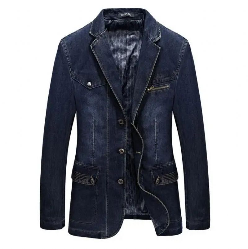 Denim Trench Herfst Winter Jas Heren Revers Kraag Gewassen Jas - Donkerblauw