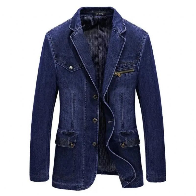 Denim Trench Herfst Winter Jas Heren Revers Kraag Gewassen Jas - Donkerblauw