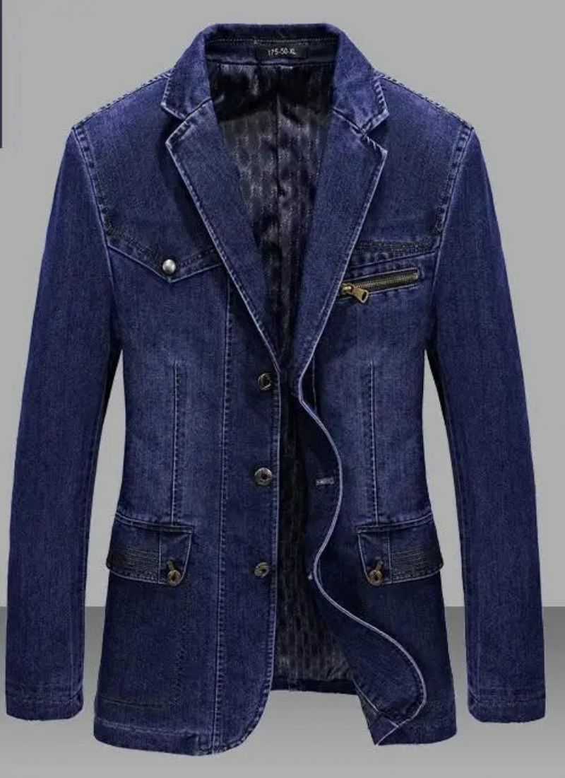 Denim Trench Herfst Winter Jas Heren Revers Kraag Gewassen Jas - Donkerblauw