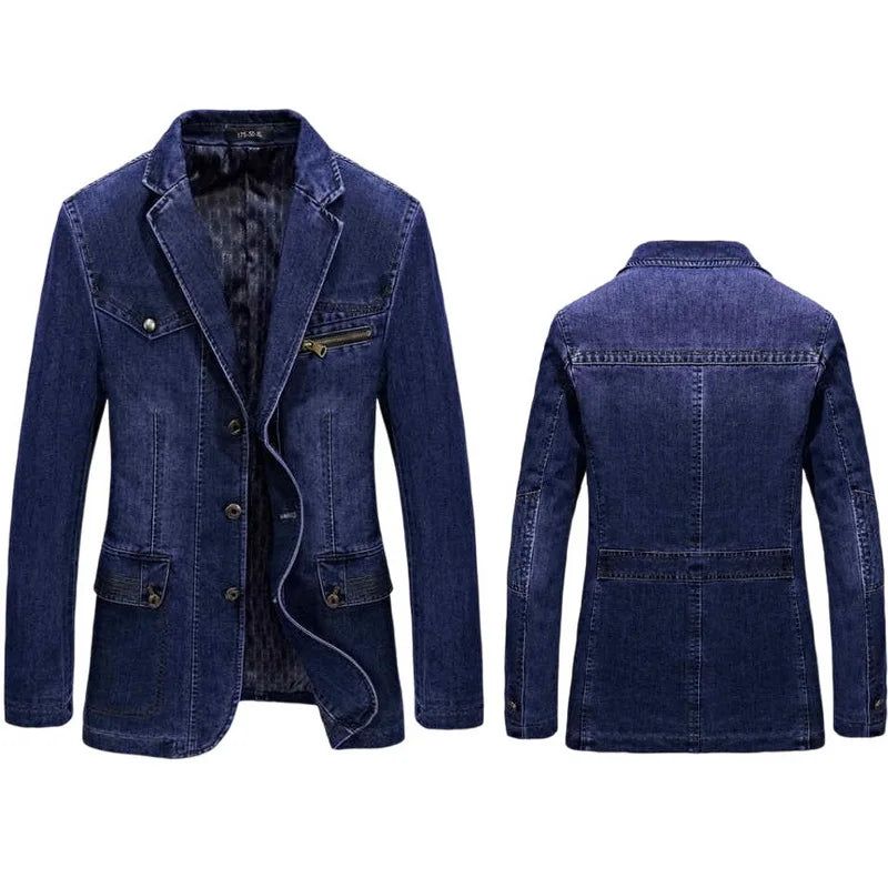 Denim Trench Herfst Winter Jas Heren Revers Kraag Gewassen Jas - Donkerblauw