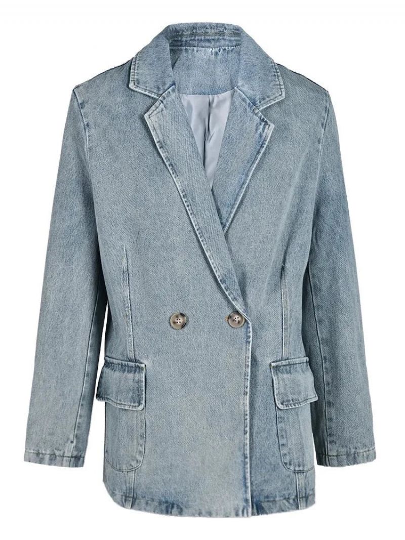 Denim Vintage Jas Losse Revers Lange Mouw Damesjas Tij Lente Herfst - Blauw