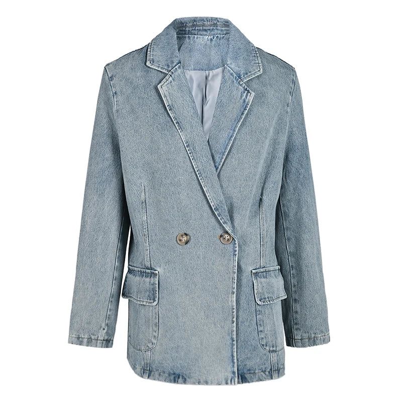 Denim Vintage Jas Losse Revers Lange Mouw Damesjas Tij Lente Herfst - Blauw