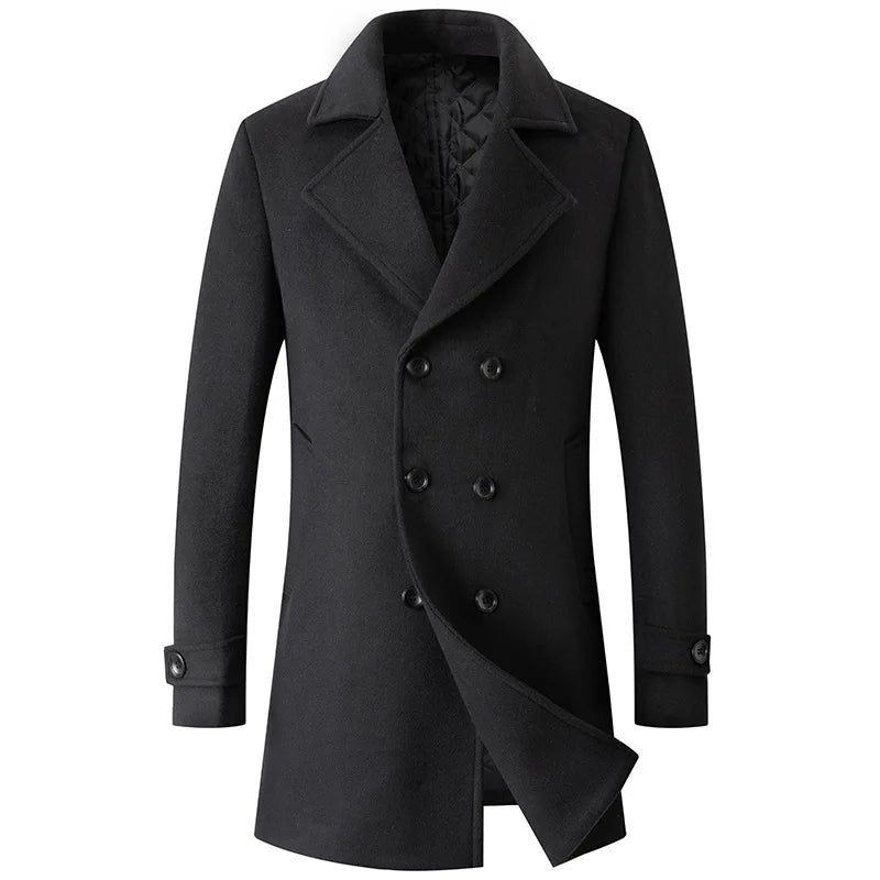 Double Breasted Jas Heren Wollen Jas Lange Revers Trenchcoats Mannelijke Winter Windscherm Herenkleding - Zwart