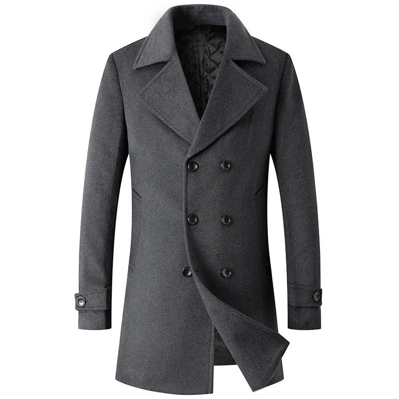 Double Breasted Jas Heren Wollen Jas Lange Revers Trenchcoats Mannelijke Winter Windscherm Herenkleding - Zwart