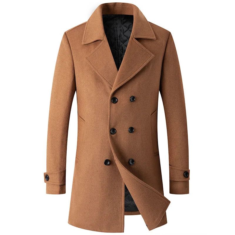 Double Breasted Jas Heren Wollen Jas Lange Revers Trenchcoats Mannelijke Winter Windscherm Herenkleding - Zwart