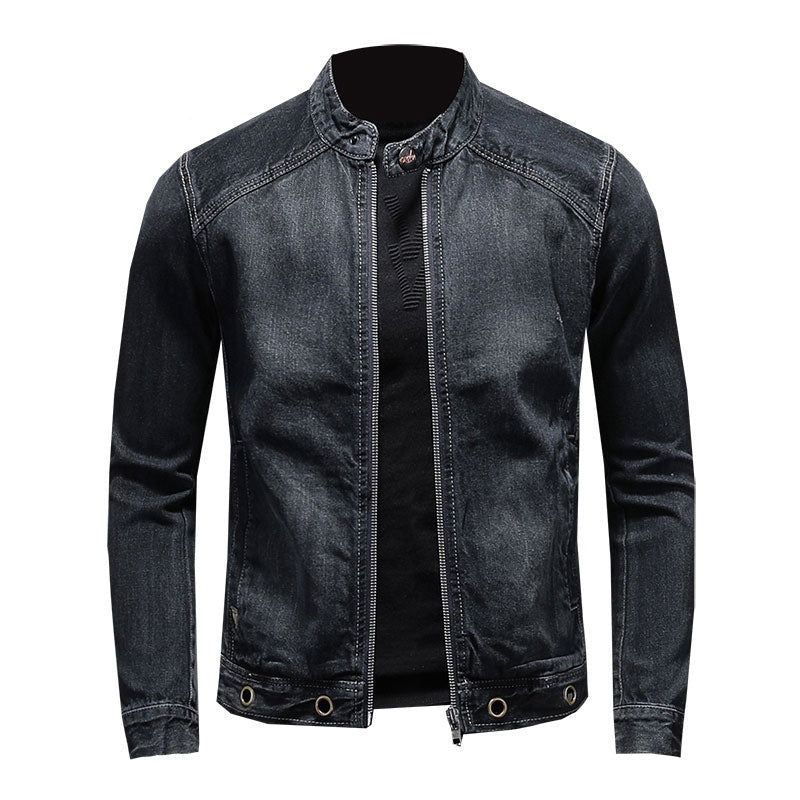 Europese Stand Kraag Bomber Pilot Zwart Denim Jas Heren Jeans Jassen Slanke Motorfiets Casual Uitloper Kleding Overjas - Zwart