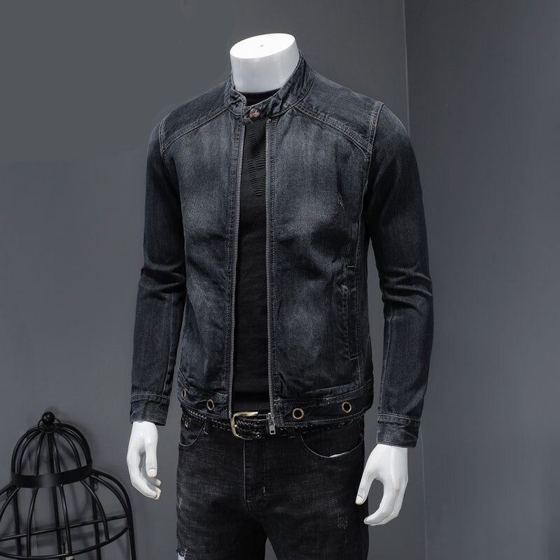 Europese Stand Kraag Bomber Pilot Zwart Denim Jas Heren Jeans Jassen Slanke Motorfiets Casual Uitloper Kleding Overjas - Zwart