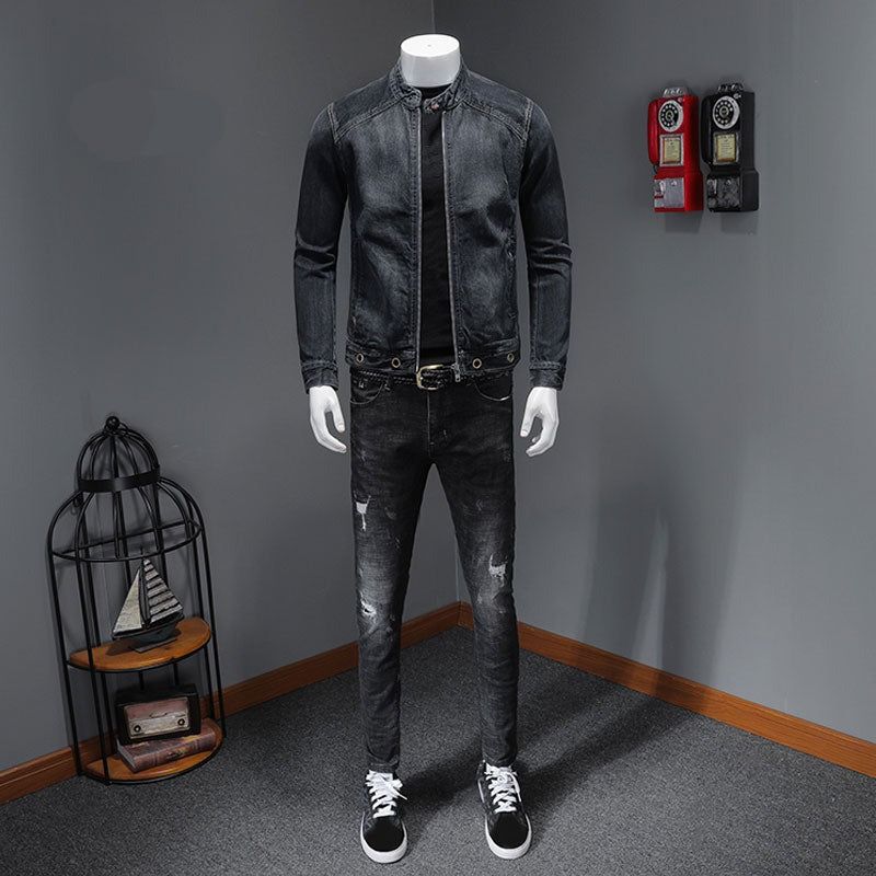 Europese Stand Kraag Bomber Pilot Zwart Denim Jas Heren Jeans Jassen Slanke Motorfiets Casual Uitloper Kleding Overjas - Zwart