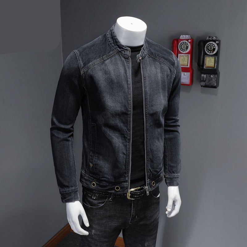 Europese Stand Kraag Bomber Pilot Zwart Denim Jas Heren Jeans Jassen Slanke Motorfiets Casual Uitloper Kleding Overjas - Zwart