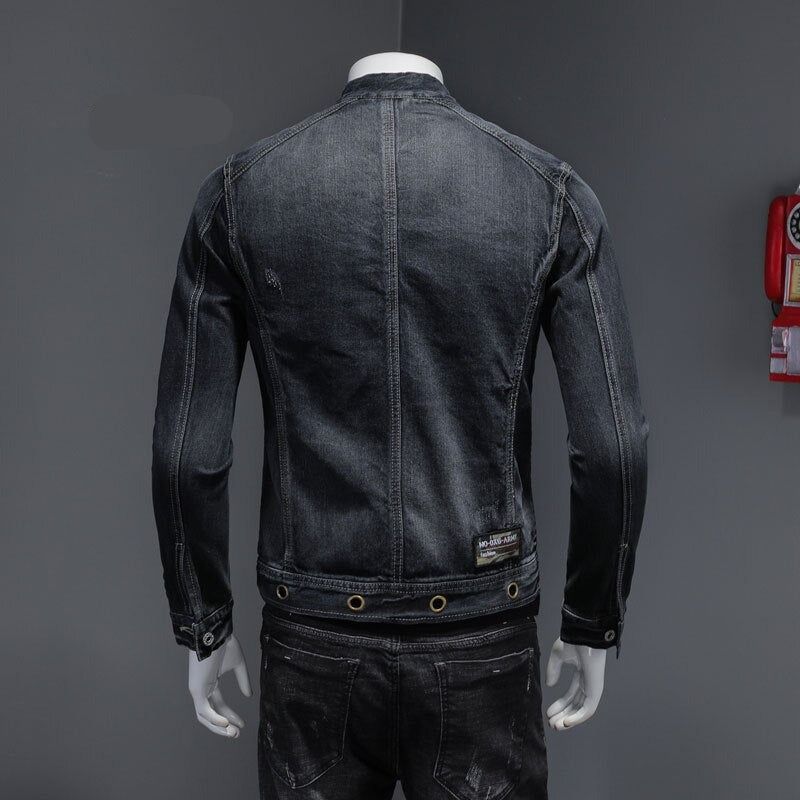 Europese Stand Kraag Bomber Pilot Zwart Denim Jas Heren Jeans Jassen Slanke Motorfiets Casual Uitloper Kleding Overjas - Zwart