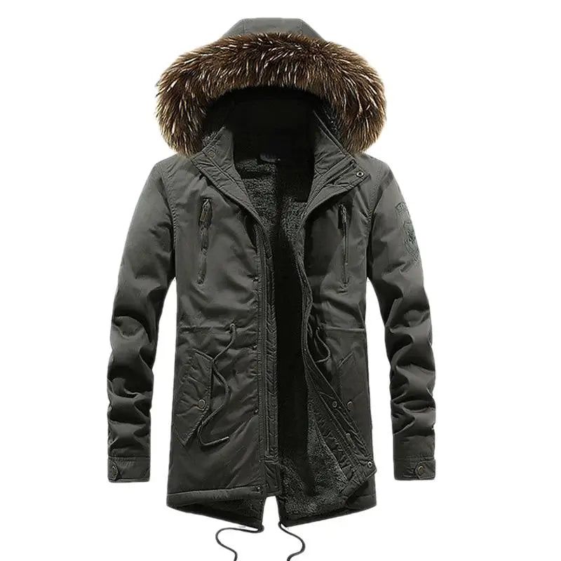 Fleece Verdikte Jas Met Bontcapuchon Warm Lang Windjack Militaire Winterjas Voor Heren Katoenen Vrijetijdsjas - Zwart