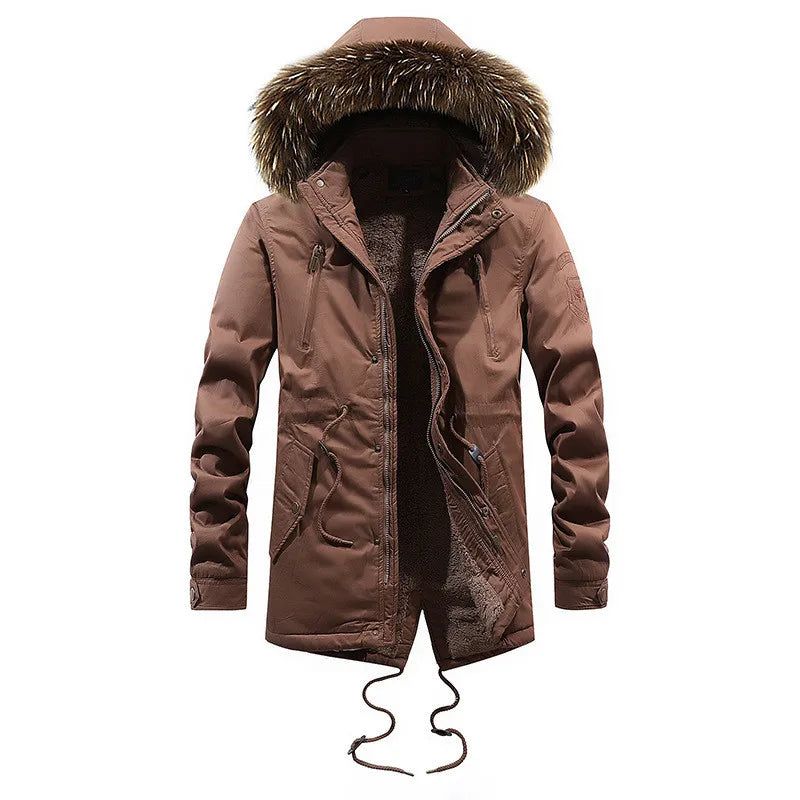 Fleece Verdikte Jas Met Bontcapuchon Warm Lang Windjack Militaire Winterjas Voor Heren Katoenen Vrijetijdsjas - Zwart