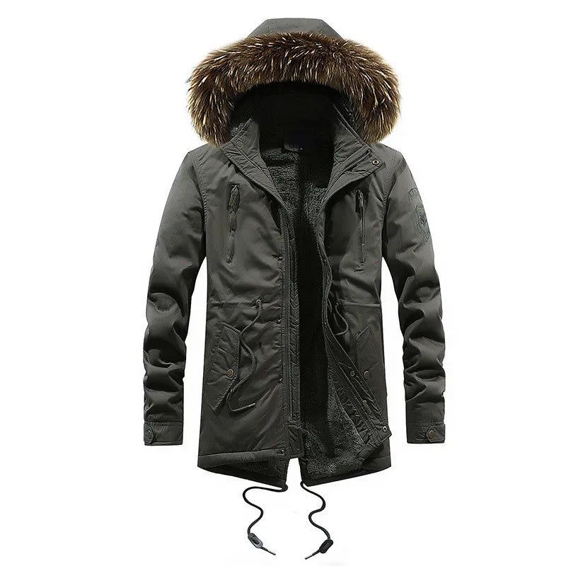 Fleece Verdikte Jas Met Bontcapuchon Warm Lang Windjack Militaire Winterjas Voor Heren Katoenen Vrijetijdsjas - Zwart