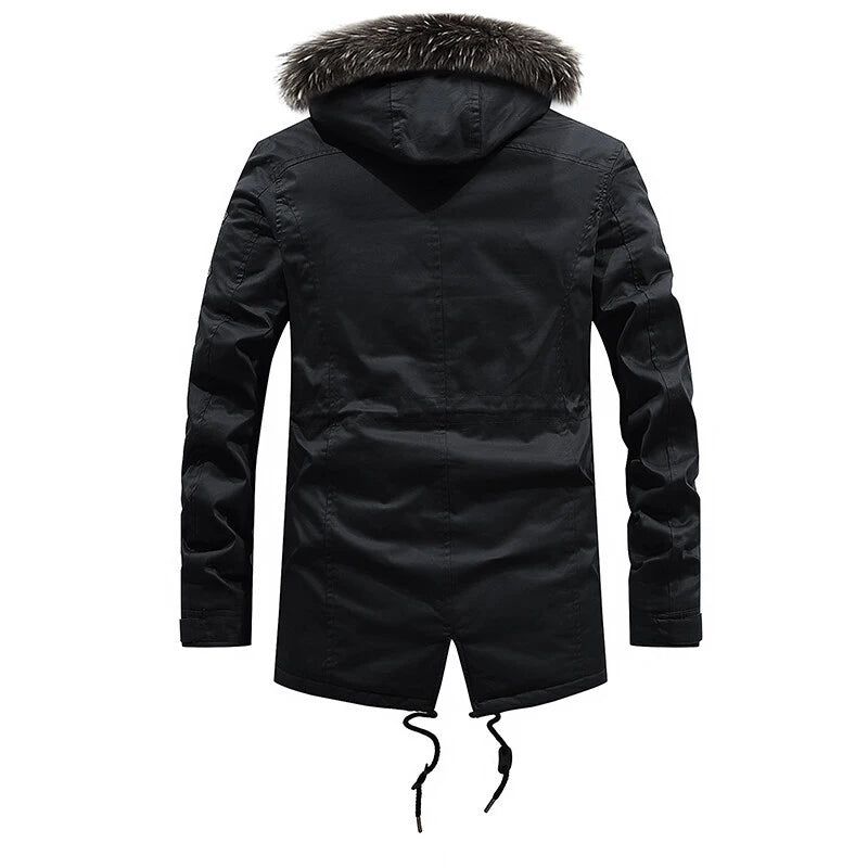 Fleece Verdikte Jas Met Bontcapuchon Warm Lang Windjack Militaire Winterjas Voor Heren Katoenen Vrijetijdsjas - Zwart