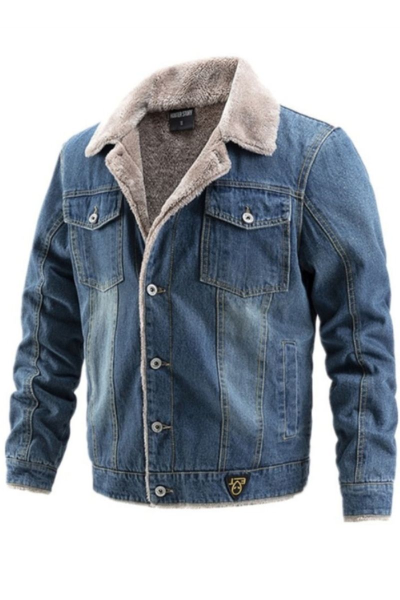 Fluwelen Dikke Denim Jas Heren Casual Revers Katoen Jeans Jas Bontkraag Warme Winter Jassen En