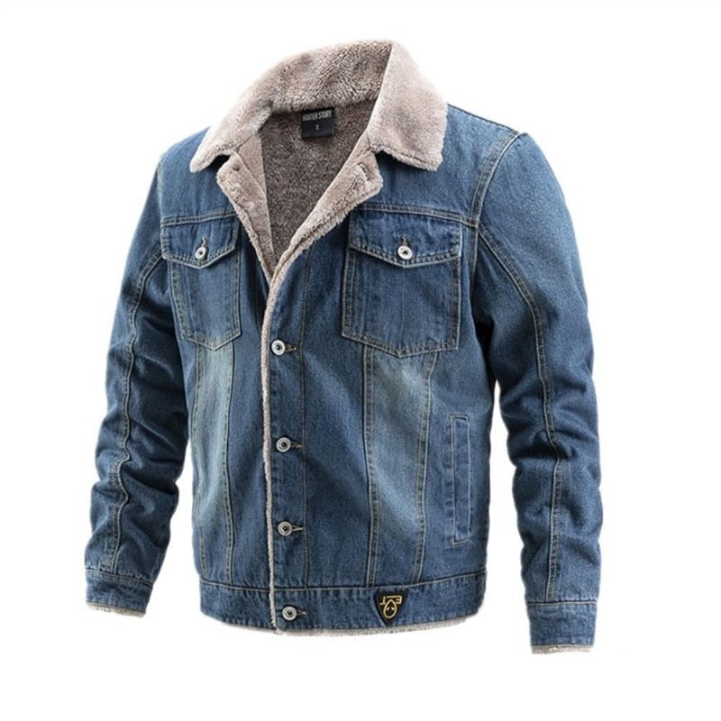 Fluwelen Dikke Denim Jas Heren Casual Revers Katoen Jeans Jas Bontkraag Warme Winter Jassen En - Lichtblauw