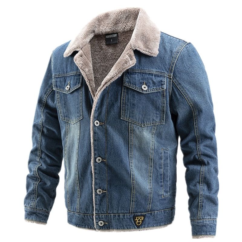 Fluwelen Dikke Denim Jas Heren Casual Revers Katoen Jeans Jas Bontkraag Warme Winter Jassen En - Lichtblauw