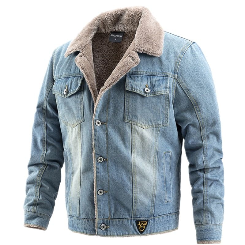 Fluwelen Dikke Denim Jas Heren Casual Revers Katoen Jeans Jas Bontkraag Warme Winter Jassen En - Lichtblauw