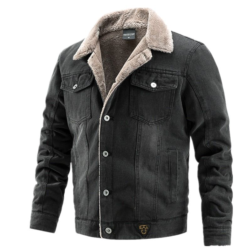 Fluwelen Dikke Denim Jas Heren Casual Revers Katoen Jeans Jas Bontkraag Warme Winter Jassen En - Lichtblauw