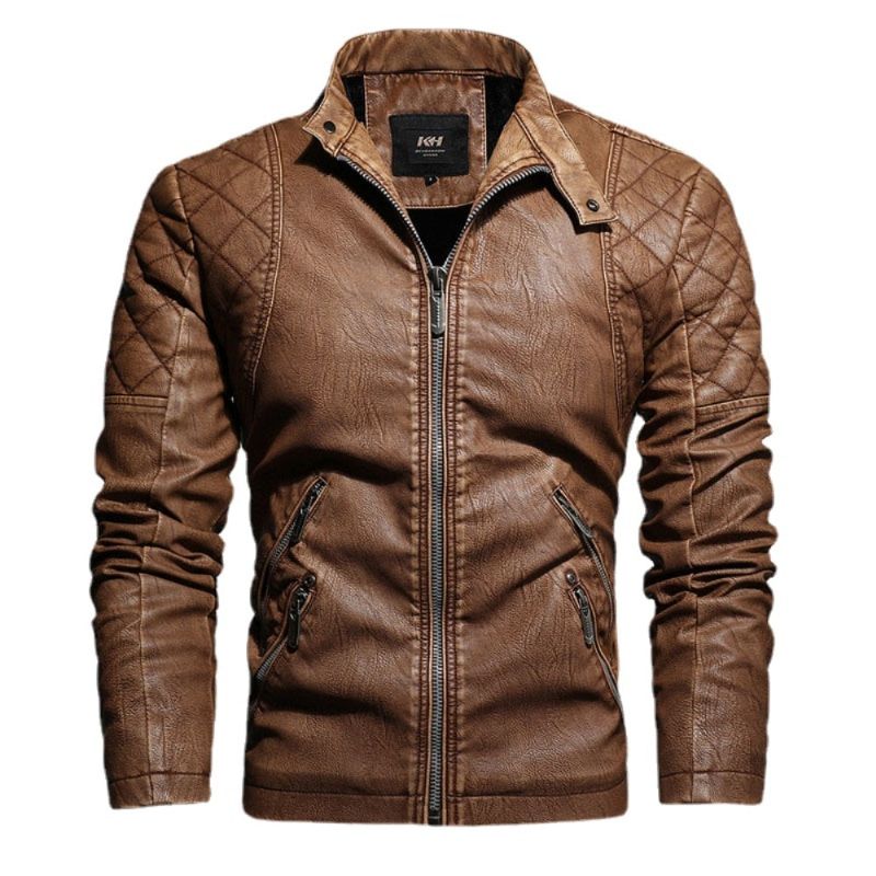 Heren Casual Borduren Biker Jas Rits Fleece Jas Herfst Winter Kunstleer Jassen - Zwart