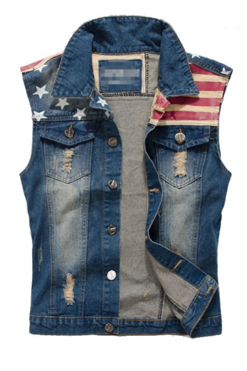 Heren Denim Vest Cowboy Gescheurd Mouwloos Vintage Jasje Tank Lente Usa Vlag Gewassen Jeansvest