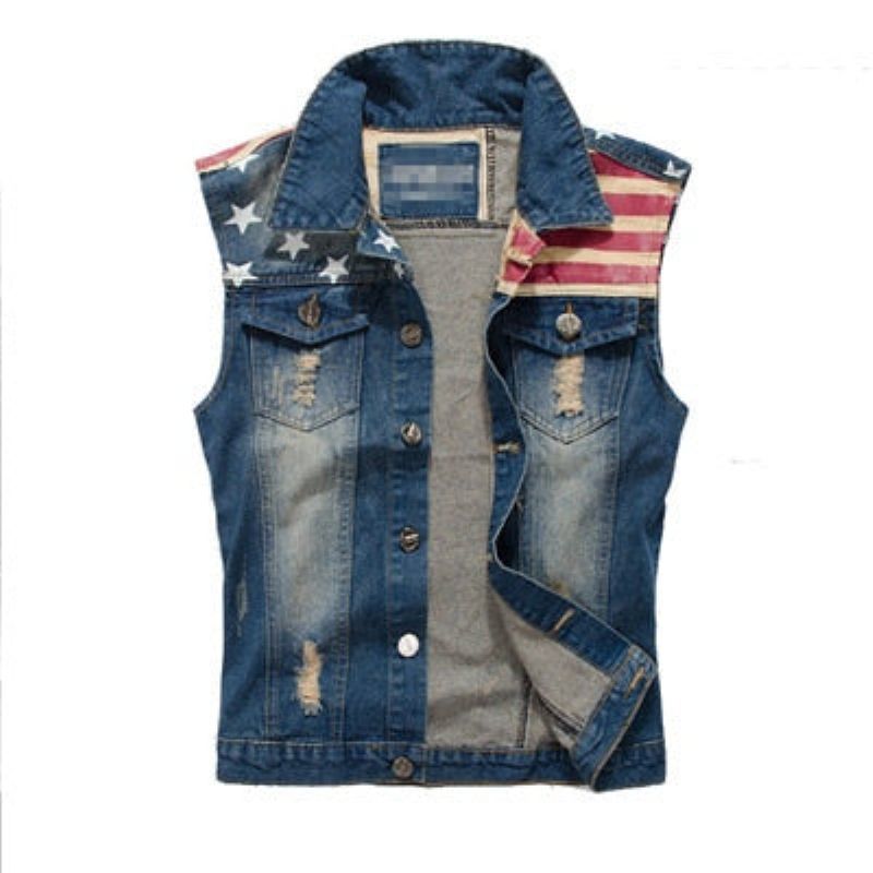 Heren Denim Vest Cowboy Gescheurd Mouwloos Vintage Jasje Tank Lente Usa Vlag Gewassen Jeansvest - Demin Blauw