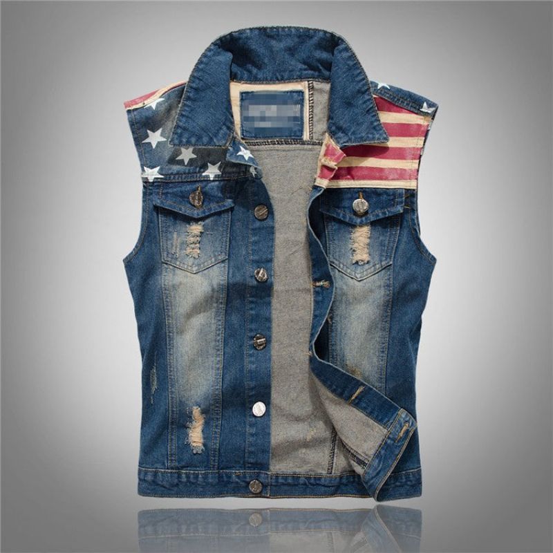 Heren Denim Vest Cowboy Gescheurd Mouwloos Vintage Jasje Tank Lente Usa Vlag Gewassen Jeansvest - Demin Blauw