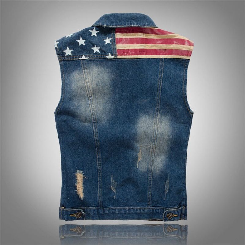 Heren Denim Vest Cowboy Gescheurd Mouwloos Vintage Jasje Tank Lente Usa Vlag Gewassen Jeansvest - Demin Blauw