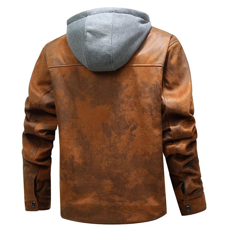 Heren Gebreide Muts Kunstleer Jassen Jeugd Casual Rits Hoodie Herfst Motorfiets Fleece Gevoerde Warme Kleding - Kaki