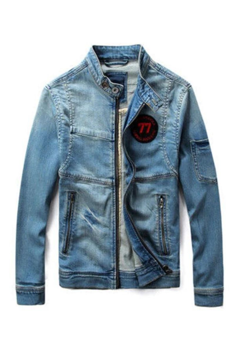 Heren Jean Jas Motorfiets Vintage Opstaande Kraag Denim Jack