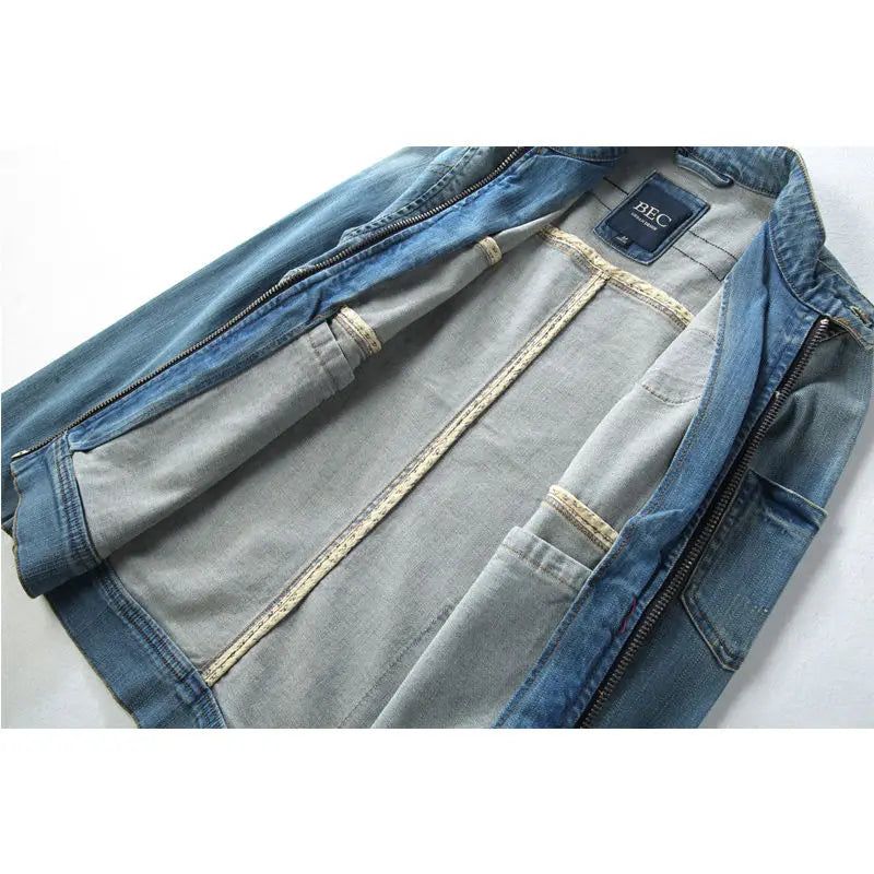 Heren Jean Jas Motorfiets Vintage Opstaande Kraag Denim Jack - Blauw