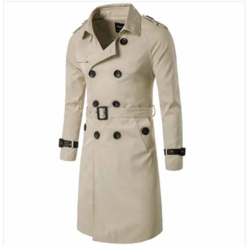 Heren Lente Herfst Windscherm Overjas Lange Trenchcoats Met Riem Mannelijke Erwtjas Dubbele Rij Knopen - Beige