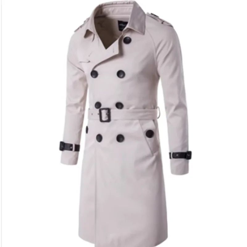 Heren Lente Herfst Windscherm Overjas Lange Trenchcoats Met Riem Mannelijke Erwtjas Dubbele Rij Knopen - Beige