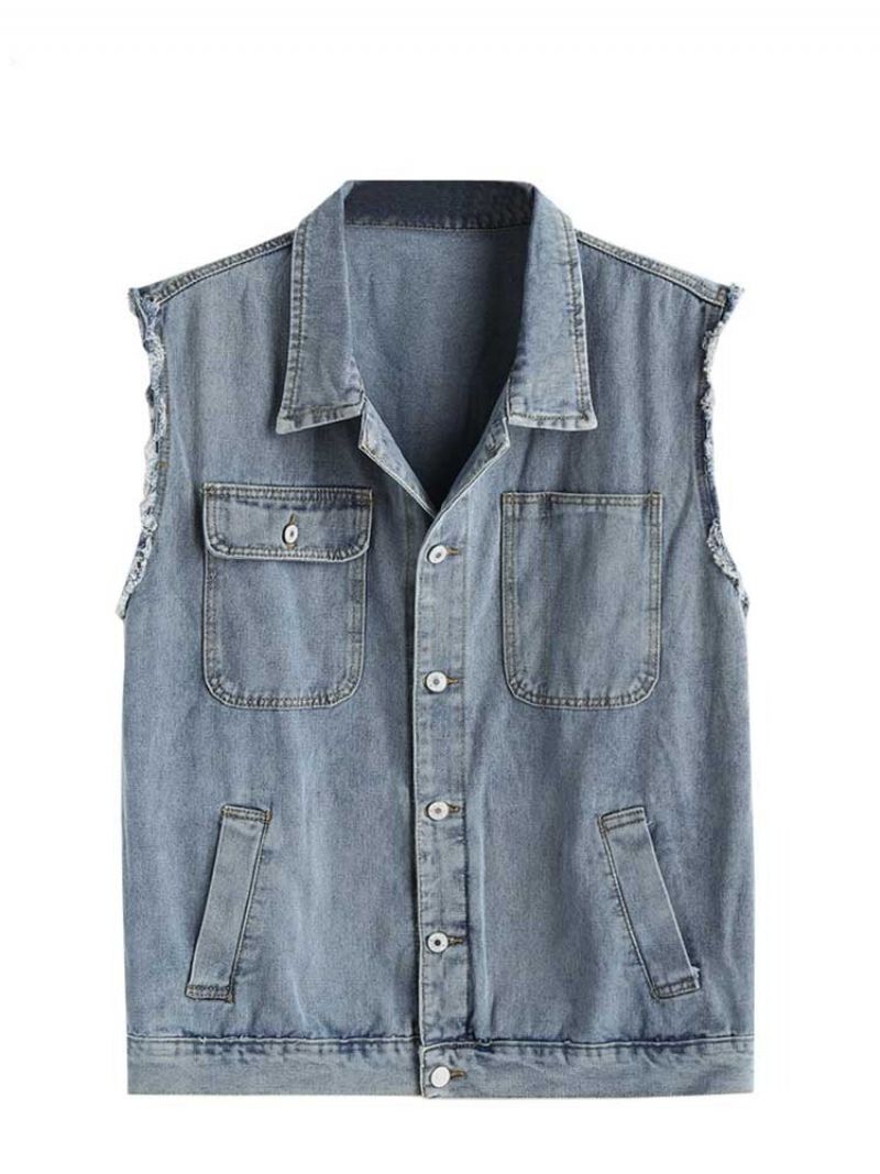 Heren Tooling Jean Vest Streetwear Mouwloos Cargovest Effen Jack Met Turn-down Kraag Gilet Denim Met Zakken - Blauw