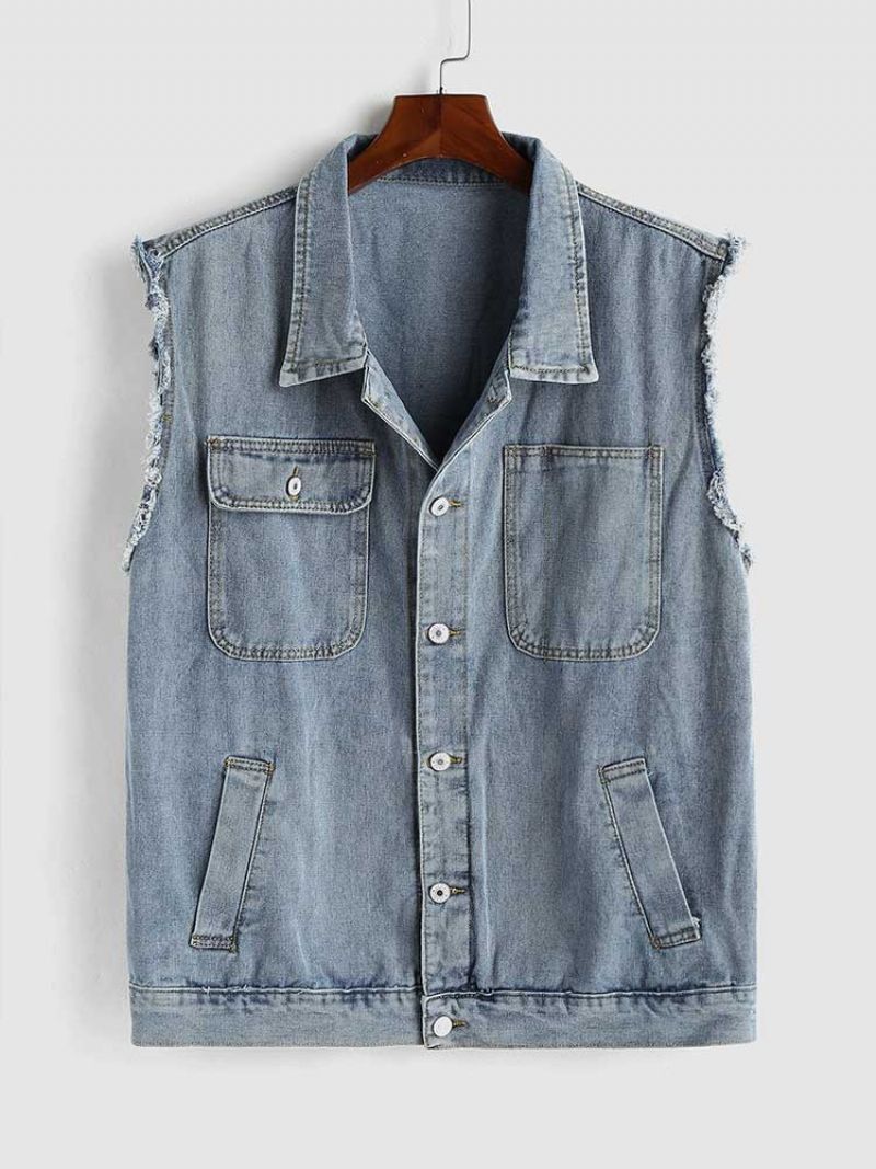 Heren Tooling Jean Vest Streetwear Mouwloos Cargovest Effen Jack Met Turn-down Kraag Gilet Denim Met Zakken - Blauw