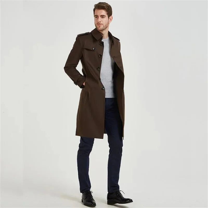 Heren Trenchcoat Slim-fit Windjack Lang Jeugd Herfststijl Brits - Bruin