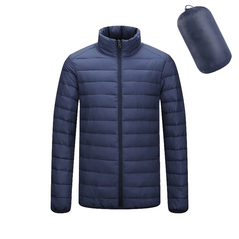 Heren Winter Ultra Licht Donsparka Herfst Warme Jassen Casual Effen Dons-katoen Waterdichte Mannelijke Draagbare Capuchon Overjas - Marineblauwe Capuchon