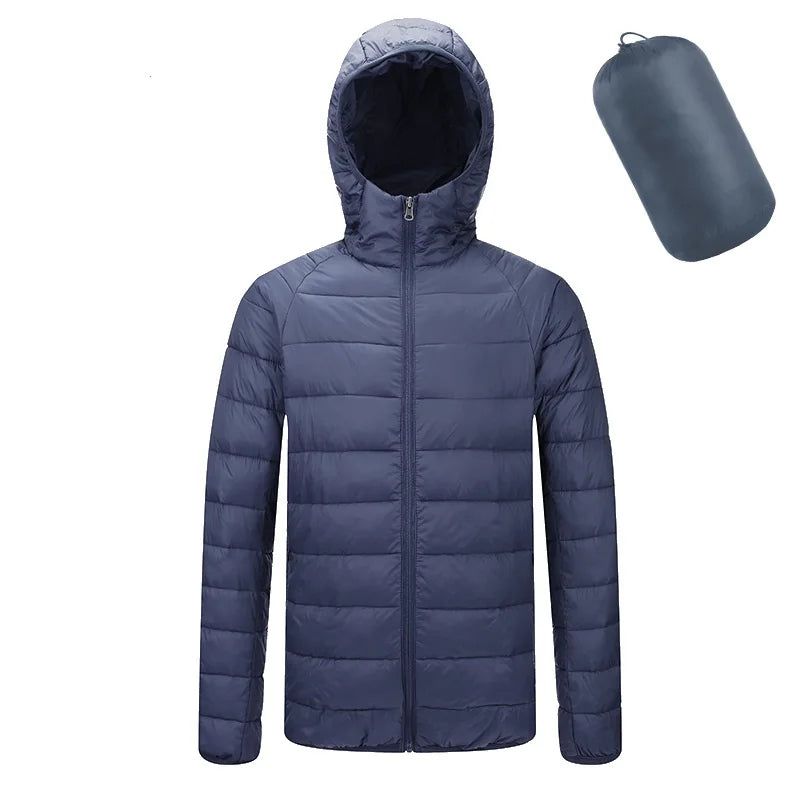 Heren Winter Ultra Licht Donsparka Herfst Warme Jassen Casual Effen Dons-katoen Waterdichte Mannelijke Draagbare Capuchon Overjas - Marineblauwe Capuchon