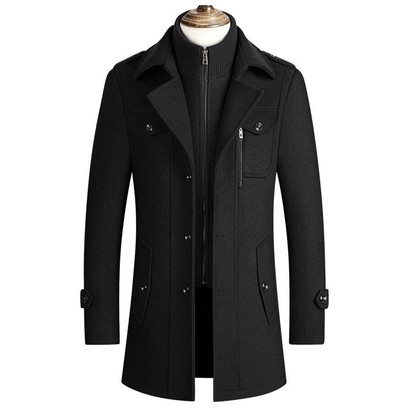 Heren Winter Warme Wollen Jassen Dikker Casual Slim Fit Lange Sectie Windjack Trench Pea Coat - Zwart