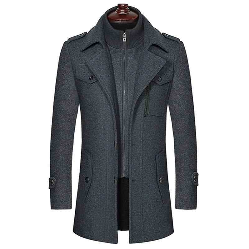 Heren Winter Warme Wollen Jassen Dikker Casual Slim Fit Lange Sectie Windjack Trench Pea Coat - Zwart