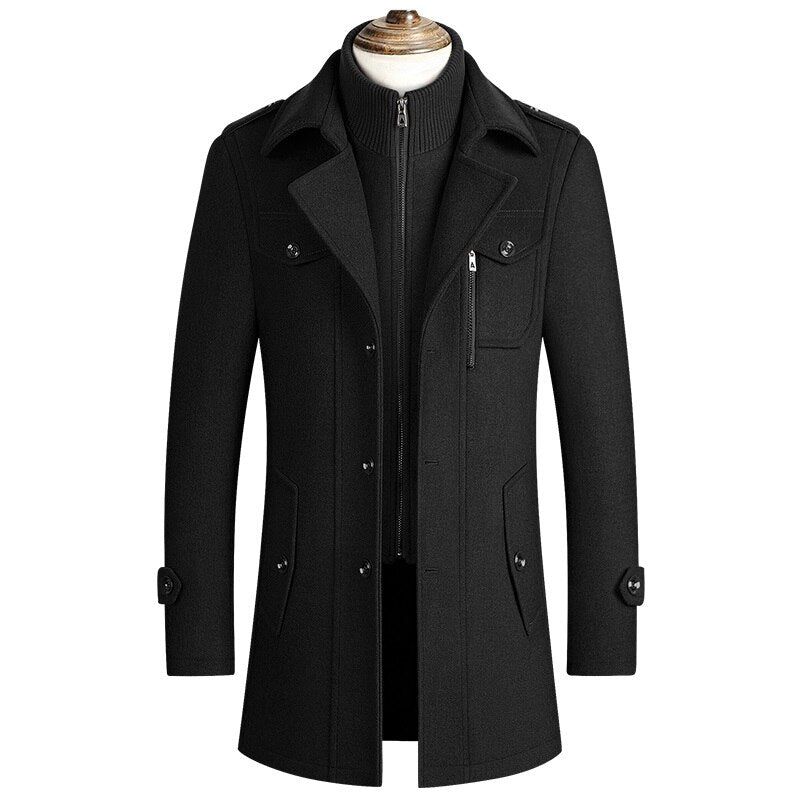 Heren Winter Warme Wollen Jassen Dikker Casual Slim Fit Lange Sectie Windjack Trench Pea Coat - Zwart