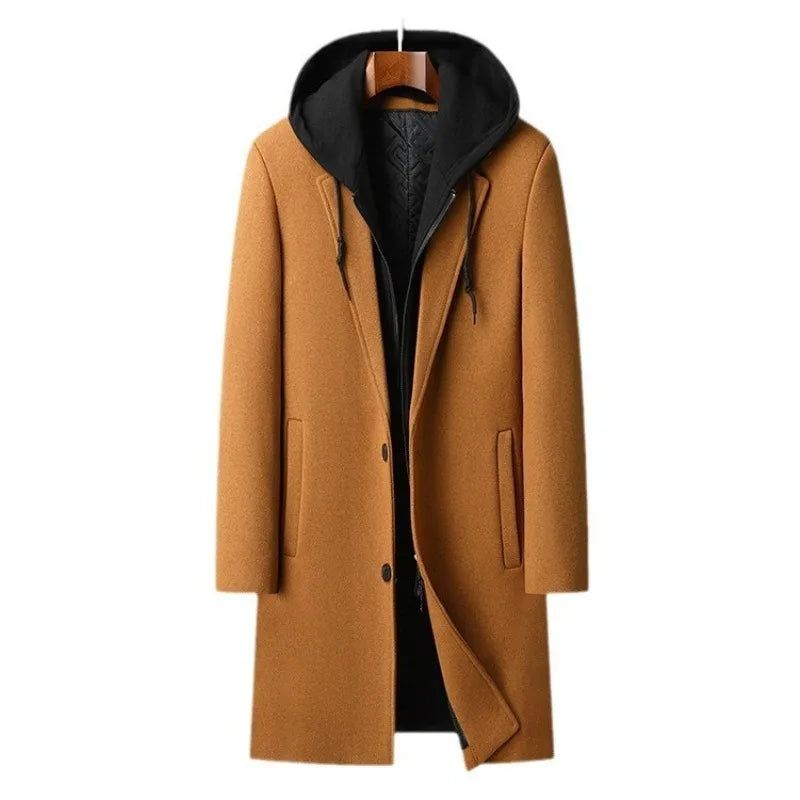 Heren Wollen Blends Met Capuchon Kasjmier Lange Casual Jassen Trenchcoats Mannelijke Winterjassen Business Maat 4xl - Zwart