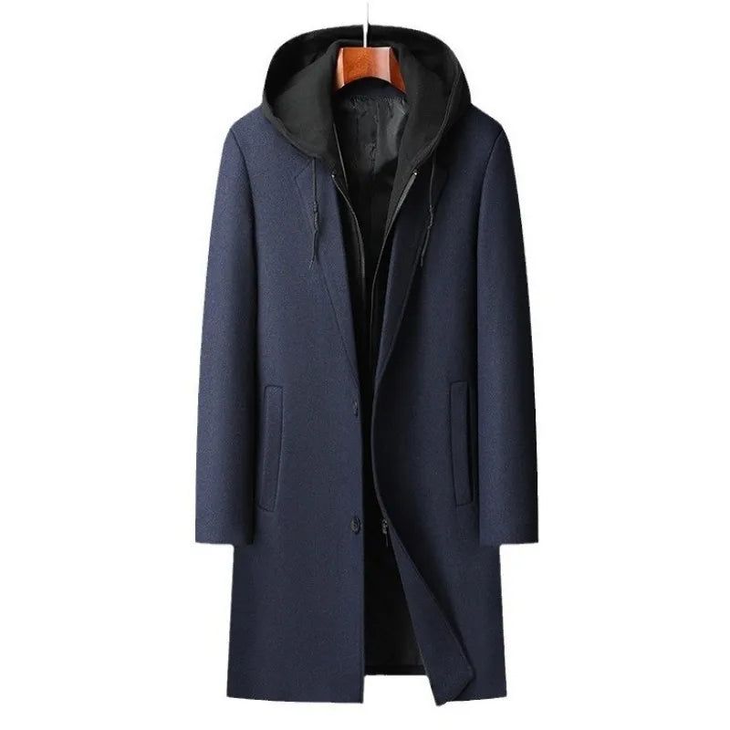 Heren Wollen Blends Met Capuchon Kasjmier Lange Casual Jassen Trenchcoats Mannelijke Winterjassen Business Maat 4xl - Zwart