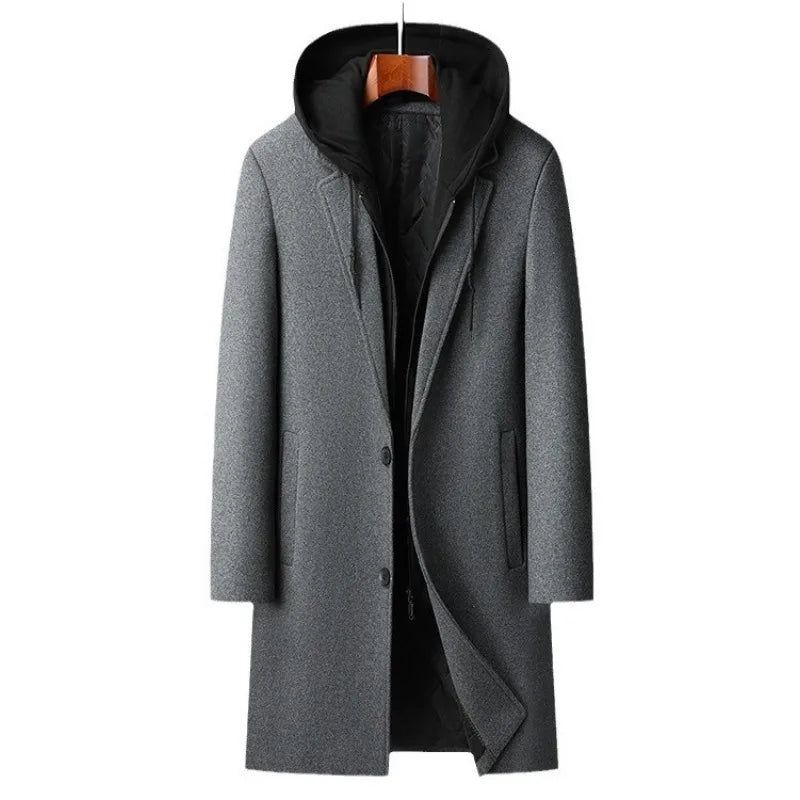 Heren Wollen Blends Met Capuchon Kasjmier Lange Casual Jassen Trenchcoats Mannelijke Winterjassen Business Maat 4xl - Zwart