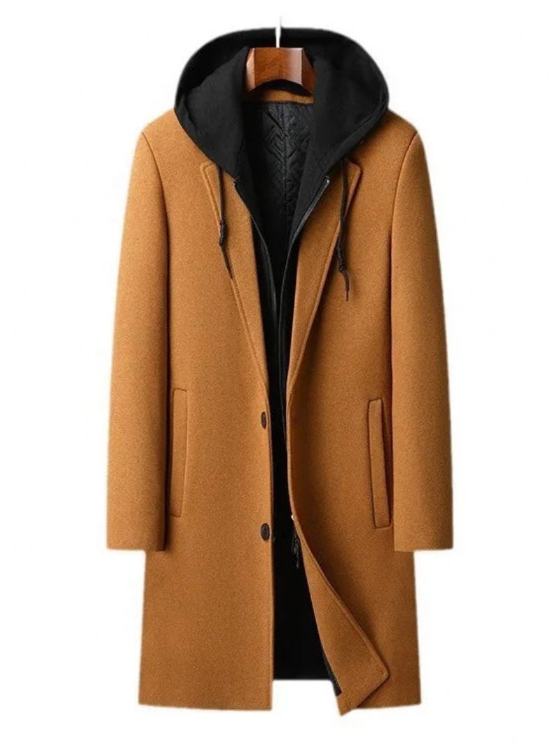 Heren Wollen Blends Met Capuchon Kasjmier Lange Casual Jassen Trenchcoats Mannelijke Winterjassen Business Maat 4xl - Zwart