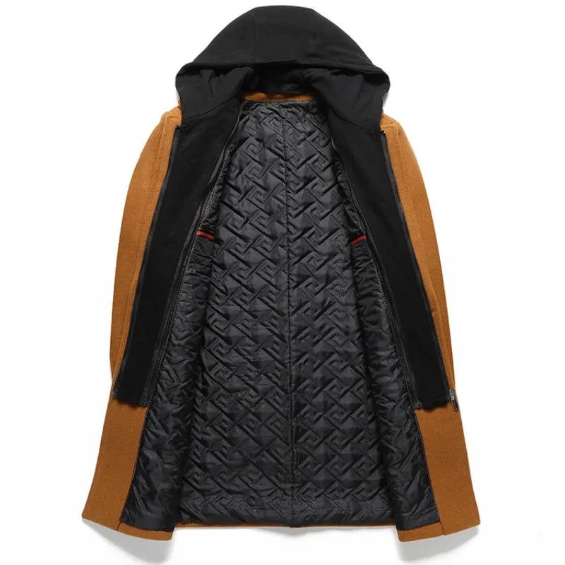 Heren Wollen Blends Met Capuchon Kasjmier Lange Casual Jassen Trenchcoats Mannelijke Winterjassen Business Maat 4xl - Zwart