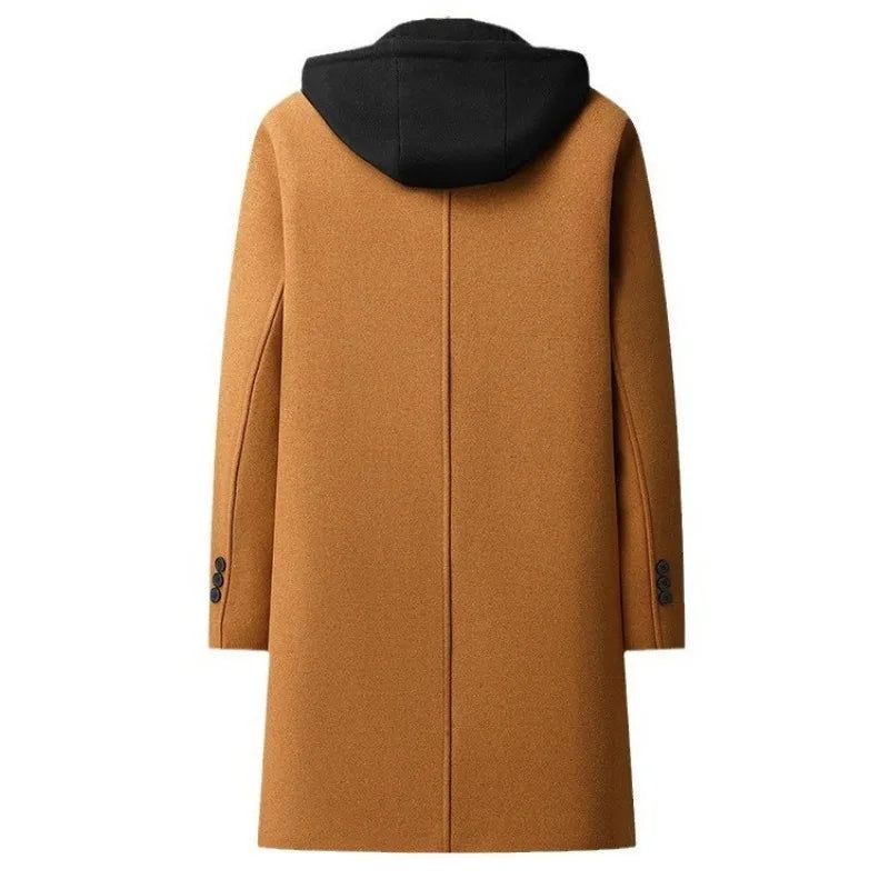 Heren Wollen Blends Met Capuchon Kasjmier Lange Casual Jassen Trenchcoats Mannelijke Winterjassen Business Maat 4xl - Zwart