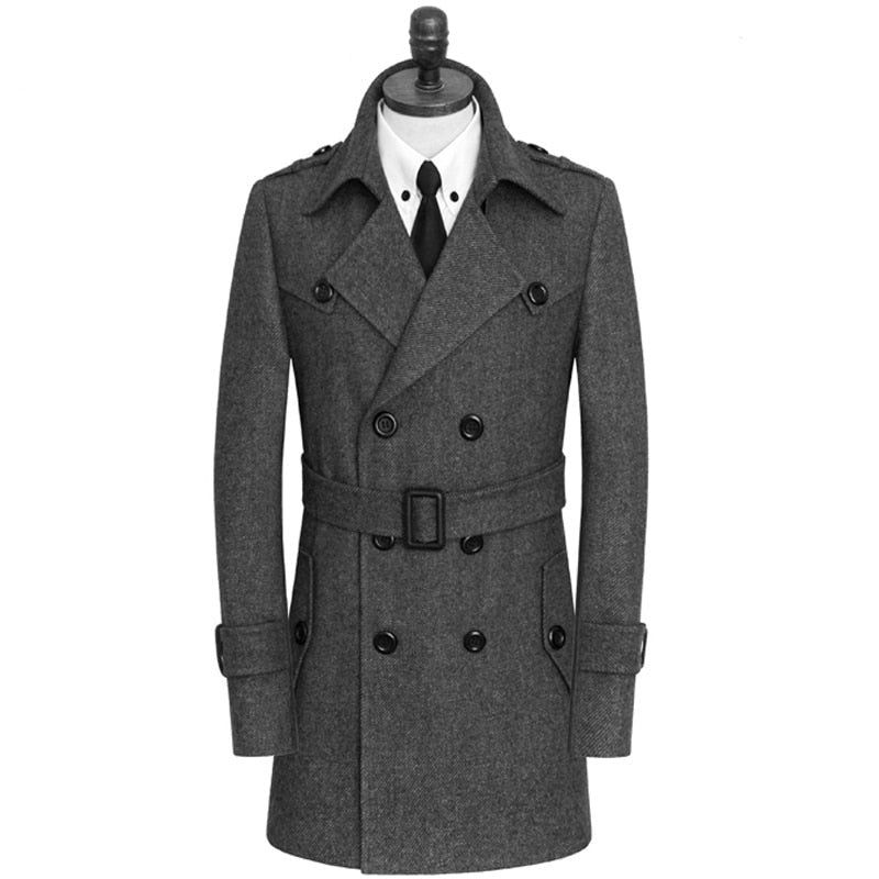 Heren Wollen Jassen Elegante Trenchcoat Met Dubbele Knoop Stijlvol Ademend Windjack Van Wolmix - Zwart