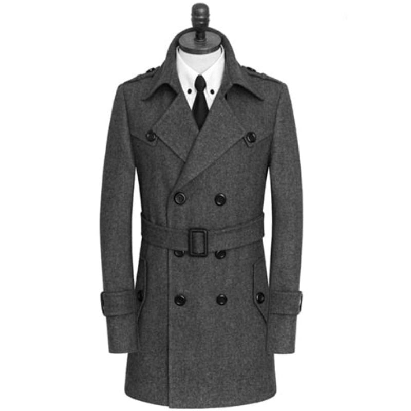 Heren Wollen Jassen Elegante Trenchcoat Met Dubbele Knoop Stijlvol Ademend Windjack Van Wolmix - Zwart